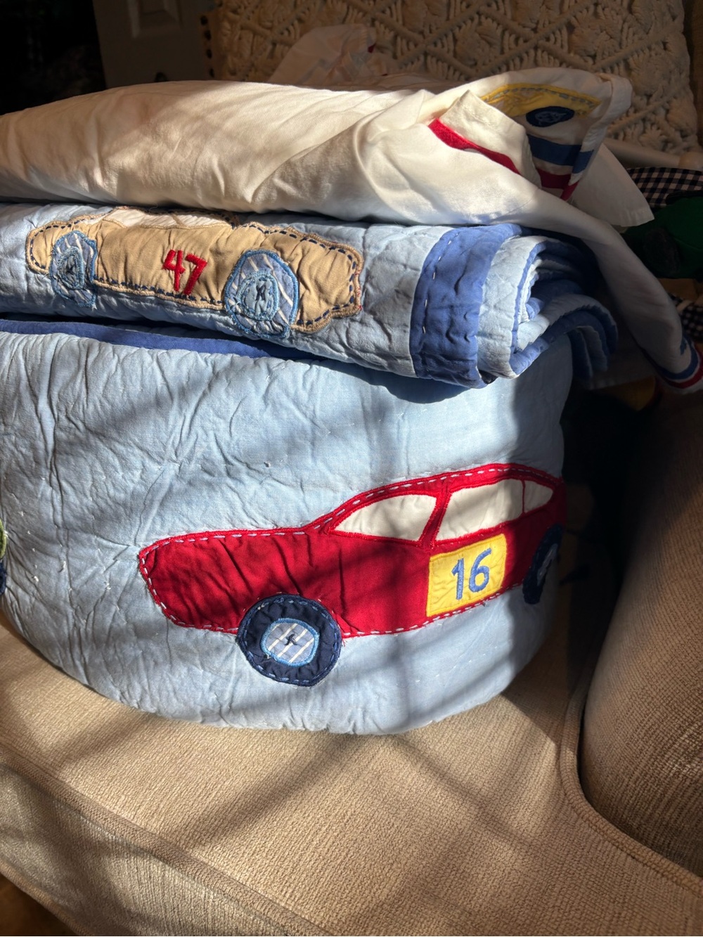Pottery Barn Kids Blue Quilt with Red Race Car Appliqué